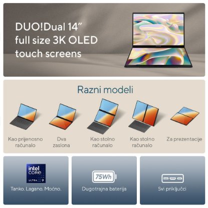 Prenosnik ASUS ZenBook Duo UX8406CA-QL075W / Core i7 12700H , 32GB, 1TB SSD, Intel HD Graphics, 14" WUXGA 120Hz OLED Touch, Windows 11, sivi