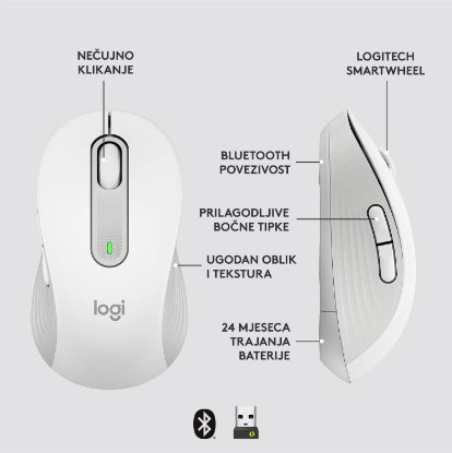 Miška Logitech M650L, brezžična, optični, 4000dpi, USB, BT, bela