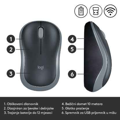Miška LOGITECH M185, optična, brezžična, 1000dpi, crno-siva