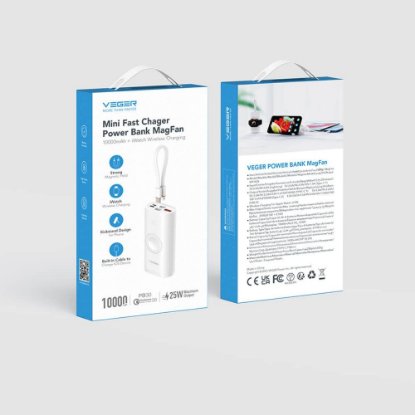 Mobilni USB polnilec VEGER MagFan, 10000 mAh, brezžični, i za Apple Watch, beli