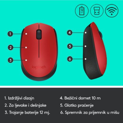 Miška LOGITECH M171, optična, brezžična, rdeči