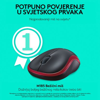 Miška LOGITECH M185, optična, brezžična, 1000dpi, crno-rdeči
