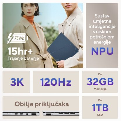 Prenosnik ASUS Zenbook UX3405CA-PZ067X / Core Ultra 9 275HX, 32 GB, 1 TB SSD, Intel HD Graphics, 14" 2,8K 120Hz OLED, Windows 11 Pro, srebrne barve