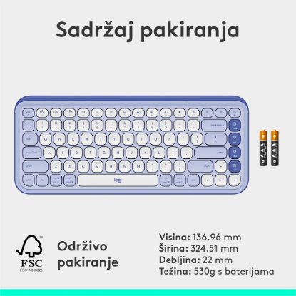 Tipkovnica LOGITECH POP Icon Keys, brezžična, US Layout, BT, ljubičasto-bela
