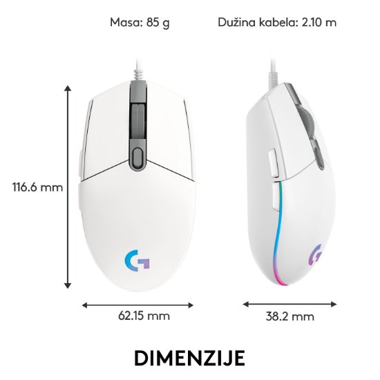 Miš LOGITECH Gaming G102 Lightsync, optički, 8000dpi, bijeli, USB