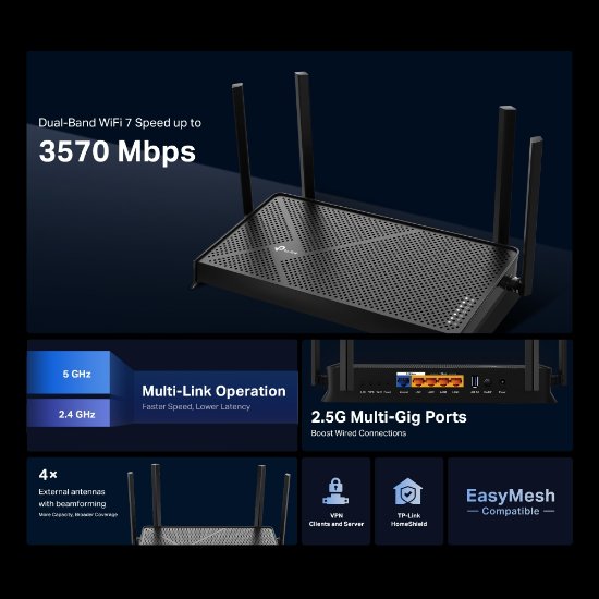 Router TP-LINK Archer BE230 Dual-Band Wi-Fi 7, BE3600, 1xWAN, 4xLAN