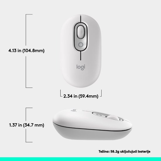 Miš LOGITECH POP, optički, bežični, USB, BT, 1000dpi, bijeli