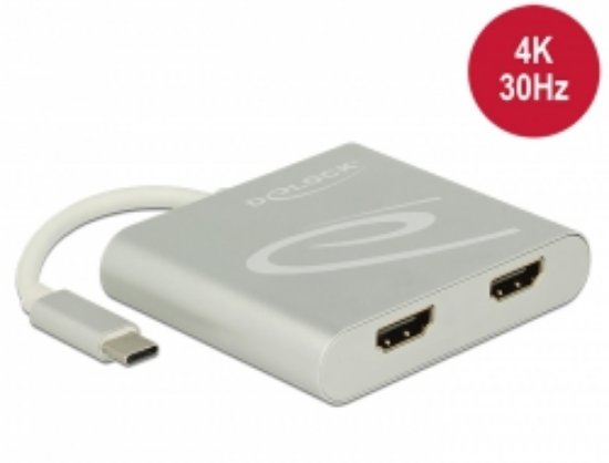 Razdjelnik DELOCK, USB-C (M) na 2x HDMI (Ž), 4K 30 Hz, bijeli