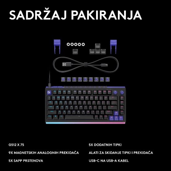 Tipkovnica LOGITECH Gaming G512 X 75, linear switch, RGB, mehanička, US Layout, USB, crna