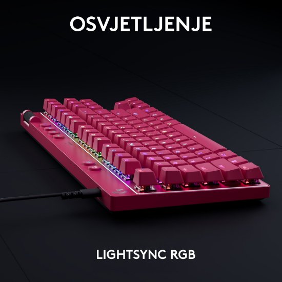 Tipkovnica Logitech Pro X TKL Rapid, mehanička, tactile, RGB, US Layout, USB, roza