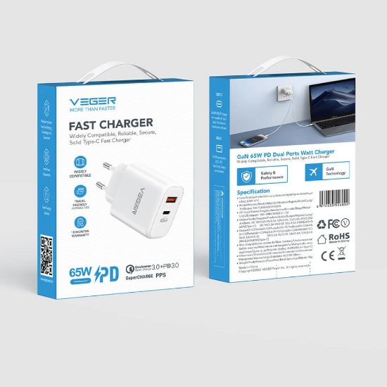 Kućni punjač VEGER CPD65E, 65W, USB-A, USB-C, QC3.0, bijeli